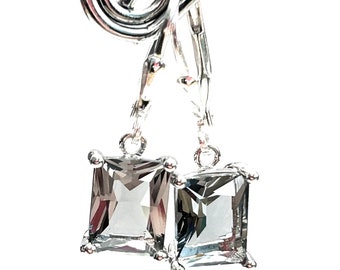 New- Black Diamond Emerald Cut Crystal Earrings - Sterling Silver Teardrop Lever Backs - Gray Rectangle Crystal Drops - Free Shipping