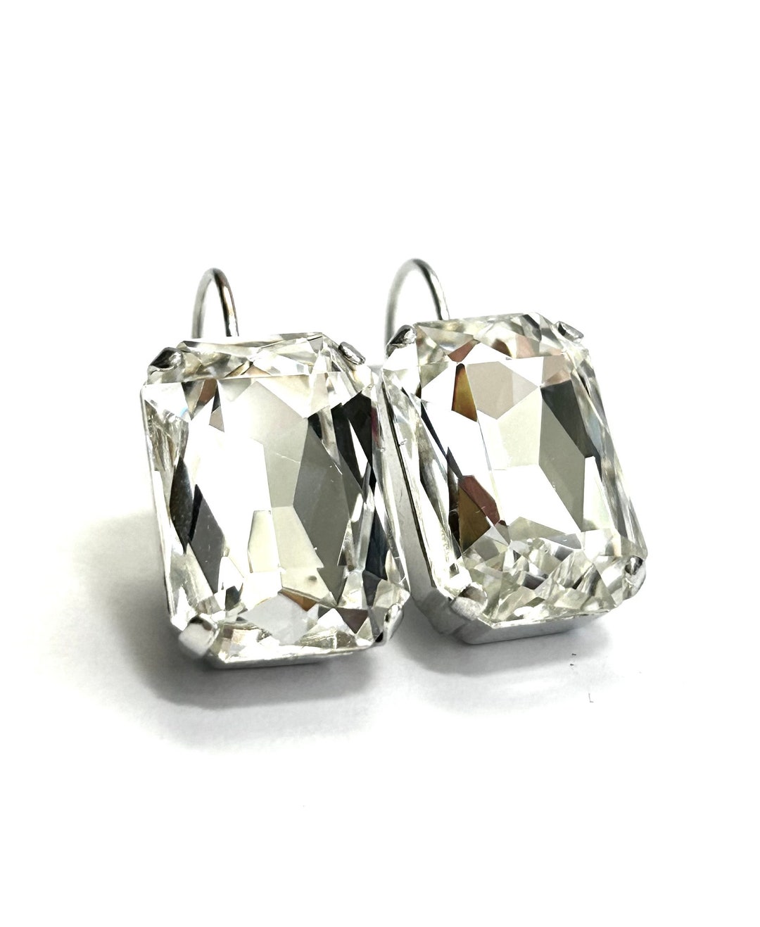 Emerald Cut Crystal Lever Back Earrings in Clear - Silver Lever Back ...