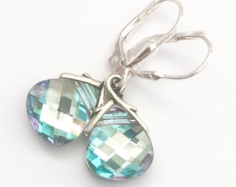 Pale Aqua Briolette Earrings - OOAK - Swarovski Crystal In Vitrail Light - Sterling Silver Lever Backs - Ivy Vine Bails - Free Shipping