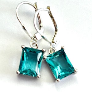 Teal Blue Emerald Cut Crystal Earrings Sterling Silver Teardrop Lever Backs Green Blue Rectangle Crystal Drops Free Shipping image 1