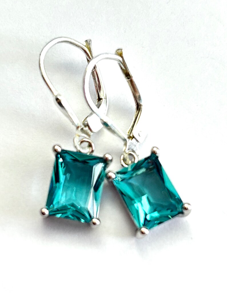 Teal Blue Emerald Cut Crystal Earrings Sterling Silver Teardrop Lever Backs Green Blue Rectangle Crystal Drops Free Shipping image 1