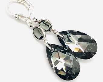 Black Diamond Earrings - OOAK - Swarovski Crystal Teardrop Earrings In Crystal Silver Night - Sterling Silver Lever Backs - Free Shipping