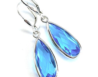 New - Light Sapphire Crystal Long Teardrop Earrings - OOAK - Sterling Silver Lever Backs - Blue Framed Jewel Earrings - Free Shipping