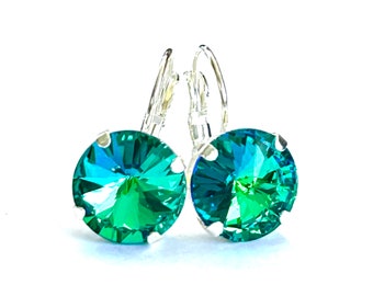 New - Aqua Blue Sphinx Crystal Lever Back Earrings - Blue And Green Rivoli Crystal Stones - Modern Silver Lever Backs - Free Shipping