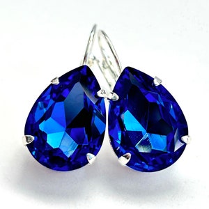 Sapphire Crystal Teardrop Earrings - Royal Blue Pear Shaped Crystal Lever Back Earrings In Silver - 18mm Pear Crystal Stones - Free Shipping
