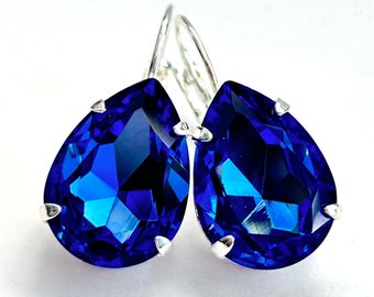New - Sapphire Teardrop Crystal Earrings - Royal Blue Pear Crystal Lever Back Earrings In Silver - Free Shipping