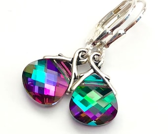 Rare Electra Swarovski Crystal Briolette Earrings - Hot Pink And Green - Ivy Vine Bails - Sterling Silver Lever Backs - Free Shipping