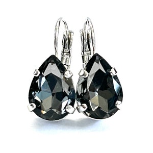 New - Black Diamond Crystal Teardrop Lever Back Earrings In Silver - Gray Pear Shaped Crystal Earrings - Handmade in SoCal - Free Shipping