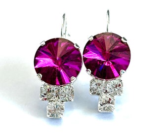 New - Vintage Crystal Lever Back Earrings In Fuchsia Pink - The Stella Earrings In Hot Pink And Clear - Silver - Handmade - Free Shipping