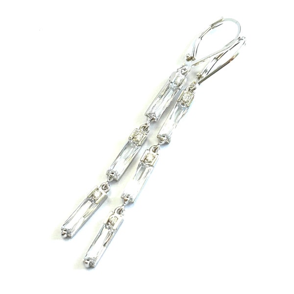 New - CZ Linear Baguette Bar Earrings - Long Slim Cubic Zirconia Baguette Minimalist Earrings - Sterling Silver Lever Backs - Free Shipping