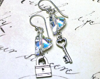 Vintage Swarovski Crystal Heart Earrings In Crystal AB - OOAK - Lock And Key Sterling Silver Earrings - Bali Silver Ear Wire - Free Shipping