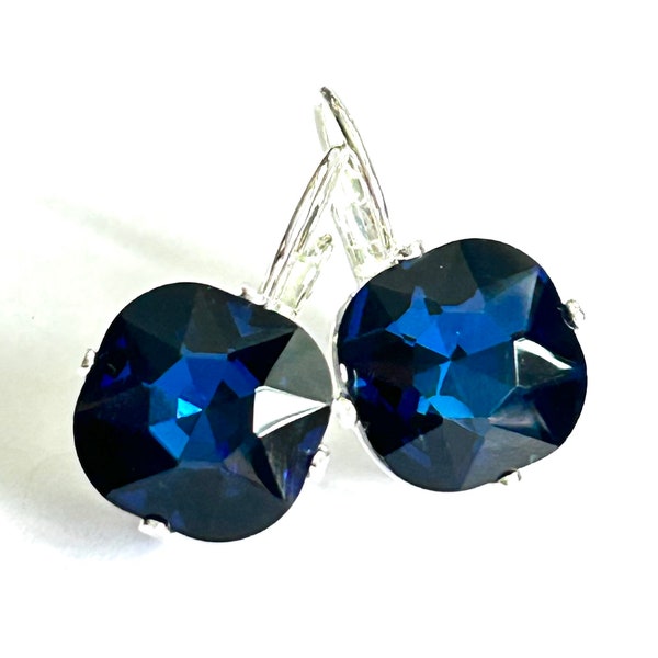 New - Dark Sapphire Cushion Cut Crystal Earrings - Dark Blue Square Crystal Lever Back Earrings In Silver - Free Shipping