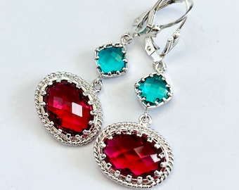 Ruby Pink And Sea Blue Mediterranean Style Earrings - Sterling Silver Fleur de Lis Lever Backs Gothic Bezel - Free Shipping