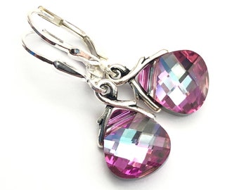 Pink Briolette Earrings - Swarovski Crystal In Rose Vitrail Light - Sterling Silver Lever Backs - Ivy Vine Bails - Free Shipping