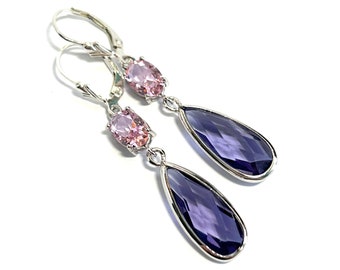 New - Long Teardrop Earrings In Pink And Purple - Sterling Silver Lever Backs - Pale Pink And Tanzanite Purple Jewel Earrings -Free Shipping