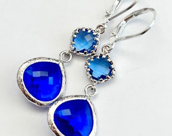 Cobalt Blue Jewel Drop Earrings - OOAK - Sterling Silver Lever Backs - Sapphire Earrings - Free Shipping
