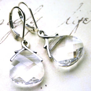 Vintage Swarovski Crystal Briolette Earrings in Crystal Clear - Silver Ivy Vine Bails - Sterling Silver Lever Backs - Free Shipping