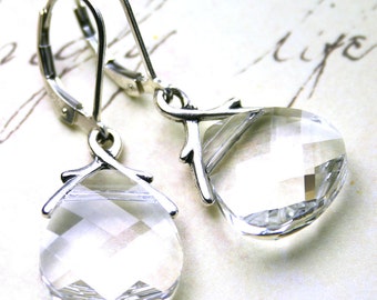 Vintage Swarovski Crystal Briolette Earrings in Crystal Clear - Silver Ivy Vine Bails - Sterling Silver Lever Backs - Free Shipping