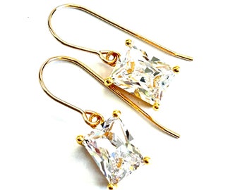 New - Emerald Cut Clear CZ Earrings - 14K Gold Filled Sterling Silver French Ear Wires - Cubic Zirconia Rectangular Drops - Free Shipping