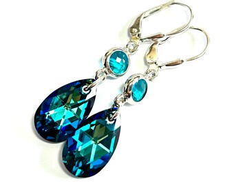 Vintage Swarovski Crystal Teardrop Earrings In Bermuda Blue - Sterling Silver Lever Backs - Peacock Blue Sapphire Earrings - Free Shipping