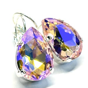 Pale Pink AB Crystal Teardrop Lever Back Earrings - Light Rose AB 18mm Pear Shaped Crystal - Silver Lever Back Earrings - Free Shipping