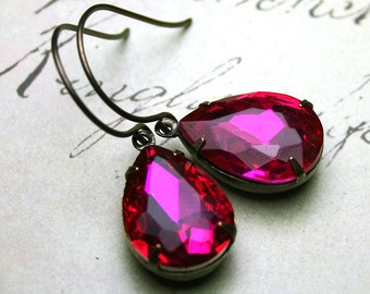 Hot Pink Vintage Glass Jewel Earrings - Teardrop Earrings In Fuschia And Antique Brass - Designer Patina Brass Ear Wires - Free Shipping