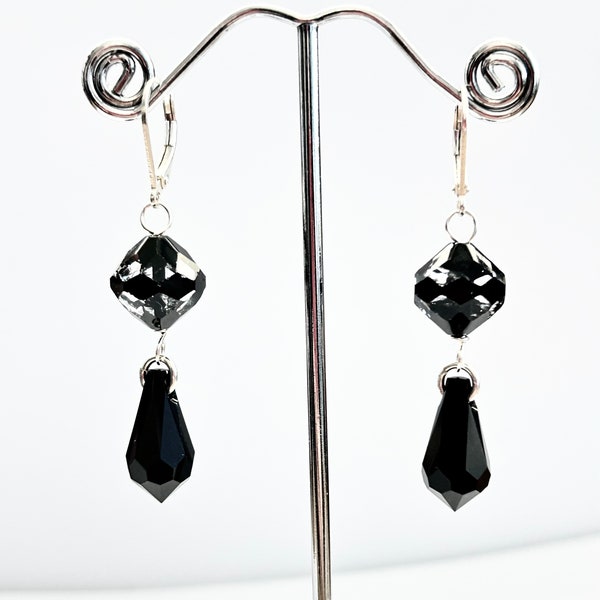 Vintage Swarovski Crystal “Cosmojet” Teardrop Earrings - OOAK Black Harlequin Earrings - All Sterling Silver - Lever Backs - Free Shipping