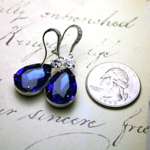 Sapphire Blue Vintage Jeweled Earrings Sterling Silver And CZ Earwires With Royal Blue And Clear Jewels Free Shipping image 5