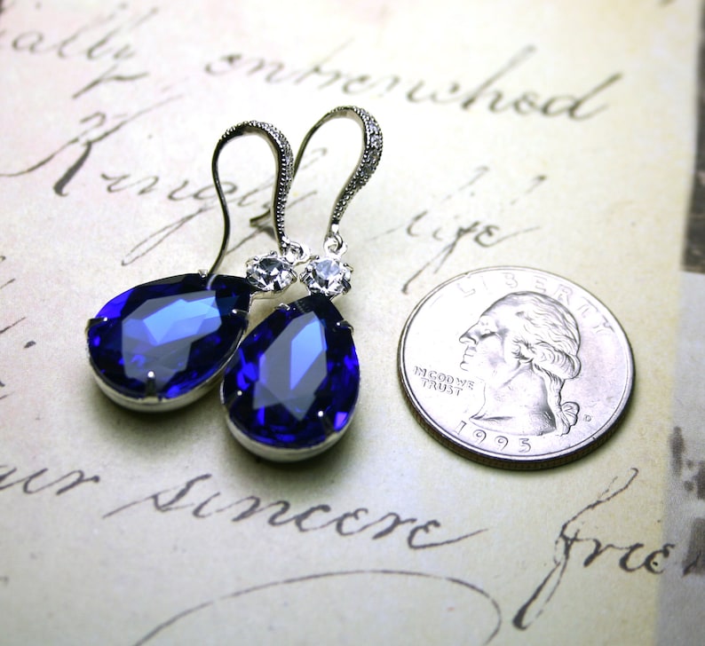 Sapphire Blue Vintage Jeweled Earrings Sterling Silver And CZ Earwires With Royal Blue And Clear Jewels Free Shipping image 5