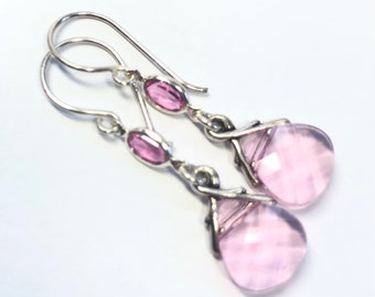 Vintage Swarovski Crystal Briolette Earrings In Pink - OOAK - Rose Pink Crystal Earrings - Bali Sterling Silver Ear Wires - Free Shipping