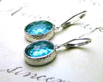 Modern Jeweled Earrings in Aqua Blue Glass - Sterling Silver Leverback - Hammered Bezel Settings - Free Shipping