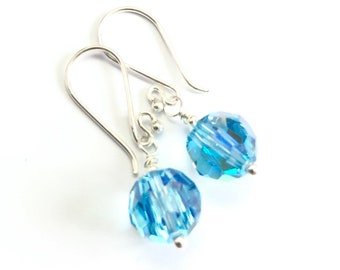 Vintage Swarovski Crystal Ball Earrings In Aqua AB- OOAK - Aquamarine Crystal Drops - Handmade With Bali Sterling Silver - Free Shipping