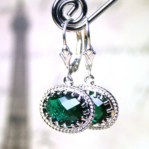 Emerald Victorian Earrings - Gothic Dark Green and Silver Earrings - Sterling Silver Lever Backs - Free Shipping