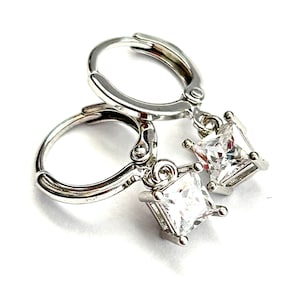 New - CZ Princess Cut Lever Hoop Earrings - Bezel Set Clear Square Jewels - Silver Lever Back Hoop Earrings - Free Shipping