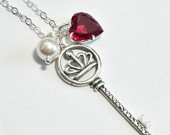 Queen Of Hearts Key Necklace - OOAK - Swarovski Crystal Pearl, Ruby Rose Vintage Glass Heart Charm And All Sterling Silver - Free Shipping