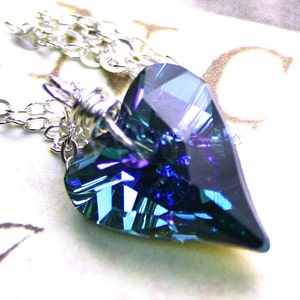 Rare Vintage Swarovski Crystal Heart Pendant in Aqua Vitrail Light - Blue Wire Wrapped Swarovski Crystal Wild Heart Necklace - Free Shipping