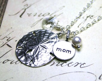 Sand Dollar Charm Necklace for Mom - OOAK - Sterling Silver and Swarovski Crystal - Silver Sand Dollar Pendant - Free Shipping