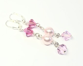 Pink Crystal Earrings - OOAK - Swarovski Crystal And Pearl Linear Drop Earrings - All Sterling Silver - Silver Lever Backs - Free Shipping