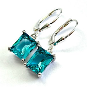Teal Blue Emerald Cut Crystal Earrings Sterling Silver Teardrop Lever Backs Green Blue Rectangle Crystal Drops Free Shipping image 4