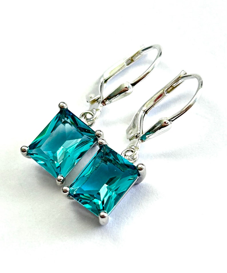 Teal Blue Emerald Cut Crystal Earrings Sterling Silver Teardrop Lever Backs Green Blue Rectangle Crystal Drops Free Shipping image 4