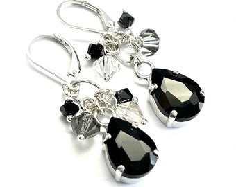 New- Black Crystal Teardrop Dangle Earrings - Vintage Swarovski Crystal Earrings In Gray/Black - Sterling Silver Lever Backs - Free Shipping