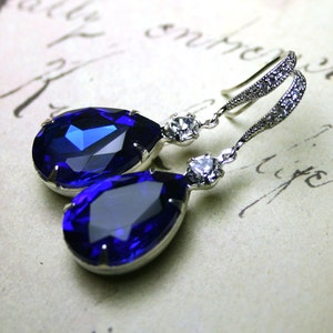 Sapphire Blue Vintage Jeweled Earrings Sterling Silver And CZ Earwires With Royal Blue And Clear Jewels Free Shipping image 4