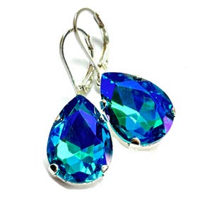 New - Aqua AB Crystal Teardrop Lever Back Earrings - Colorful 18mm Blue Green Pear Crystals - Sterling Silver Lever Backs - Free Shipping
