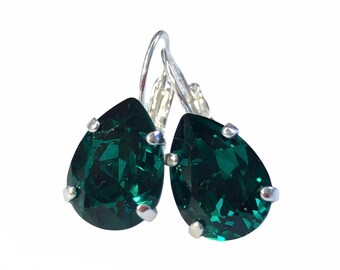 Emerald Green Teardrop Lever Back Earrings - Swarovski Pear Crystal In Dark Green - Silver Lever Back Earrings - Free Shipping