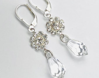 Clear Crystal Drop Earrings - Swarovski Crystal And Sterling Silver - Silver Lever Backs - Crystal Flowers - Free Shipping