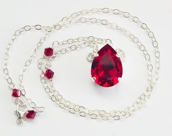 Vintage Swarovski Crystal Teardrop Necklace In Siam Red - Last One - All Sterling Silver - Scarlet Red Pear Shaped Pendant - Free Shipping