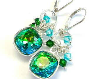 New- Vintage Swarovski Crystal Beaded Earrings In Aqua Sahara Green  - OOAK - Cushion Cut Stone - Sterling Silver Lever Backs -Free Shipping