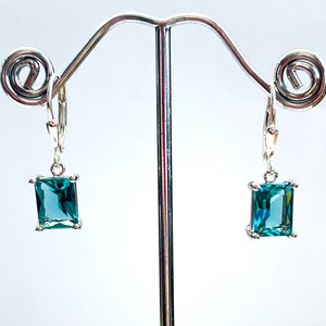 Teal Blue Emerald Cut Crystal Earrings Sterling Silver Teardrop Lever Backs Green Blue Rectangle Crystal Drops Free Shipping image 5