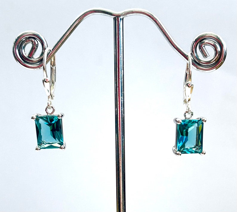 Teal Blue Emerald Cut Crystal Earrings Sterling Silver Teardrop Lever Backs Green Blue Rectangle Crystal Drops Free Shipping image 5