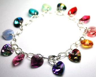 Crystal Hearts Bracelet - Rainbow of Hearts Bracelet - Swarovski Crystal And All Sterling Silver Charm Bracelet - Free Shipping